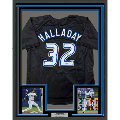 Framed Facsimile Autographed Roy Halladay 35x39 Toronto Black Reprint Laser Auto Baseball Jersey