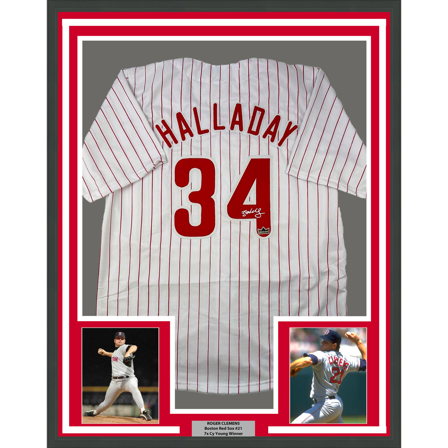 Framed Facsimile Autographed Roy Halladay 35x39 Philadelphia Pinstripe Reprint Laser Auto Baseball Jersey