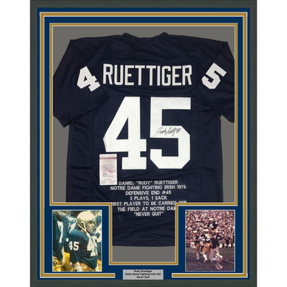 Framed Autographed/Signed Rudy Ruettiger 35x39 Notre Dame Blue Stat College Football Jersey JSA COA