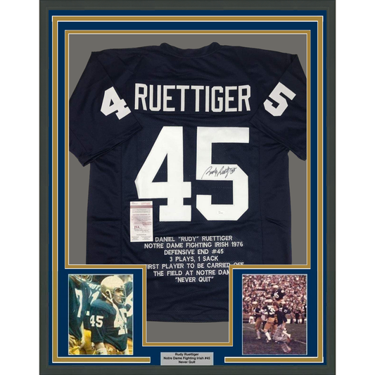 Framed Autographed/Signed Rudy Ruettiger 35x39 Notre Dame Blue Stat College Football Jersey JSA COA