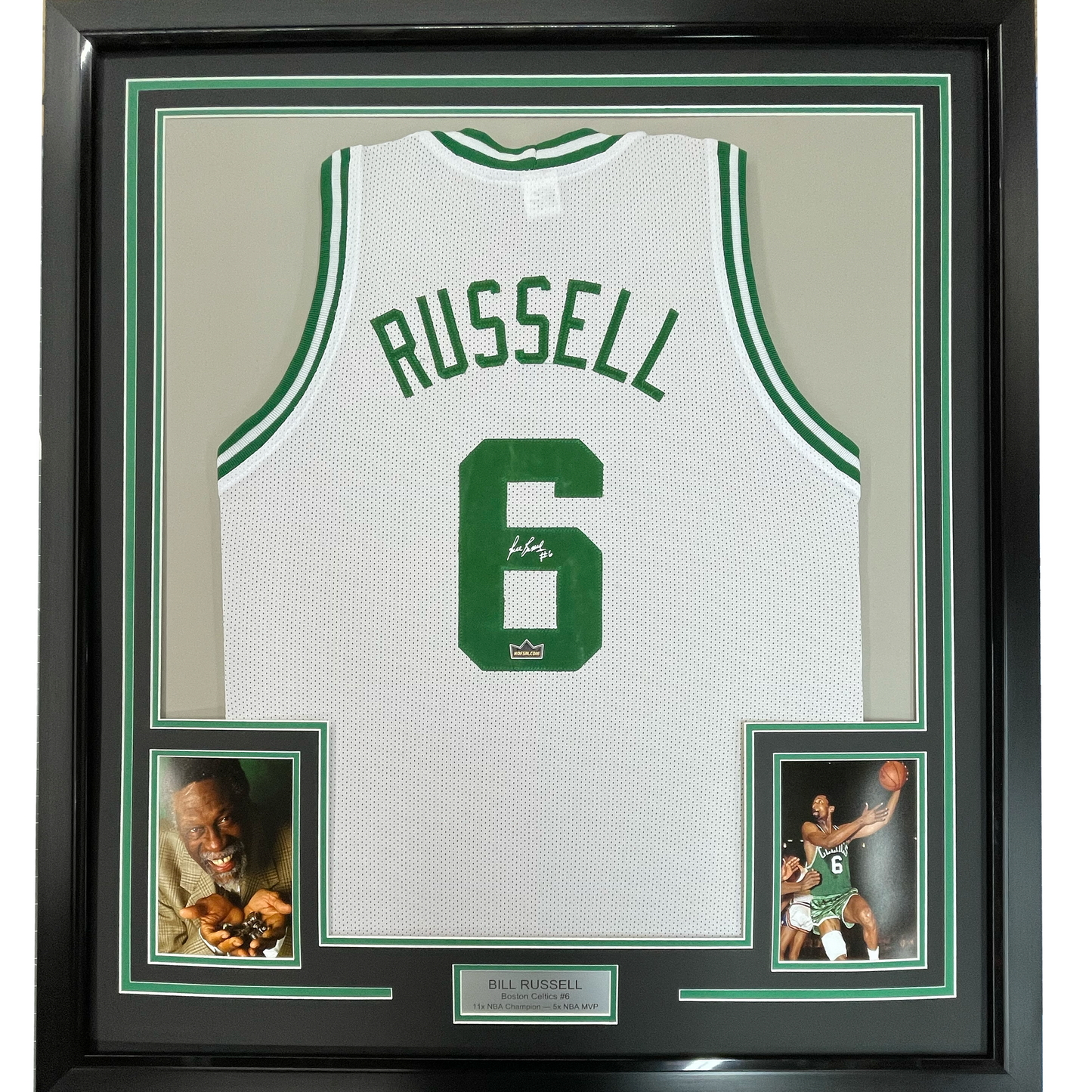 Framed Facsimile Autographed Bill Russell 35x39 Boston White Reprint Laser Auto Basketball Jersey