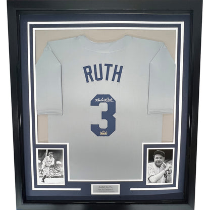 Framed Facsimile Autographed Babe Ruth 35x39 New York Grey Reprint Laser Auto Baseball Jersey Size Men's XL