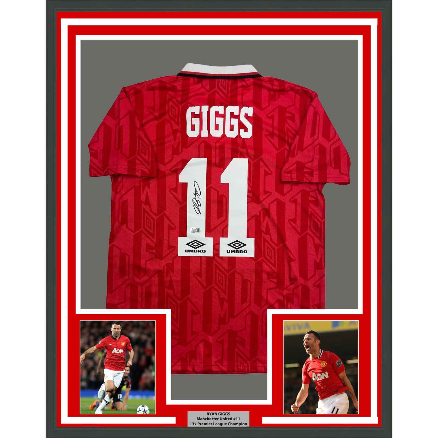 Framed Autographed/Signed Ryan Giggs 35x39 Manchester United Red Soccer Jersey Beckett BAS COA
