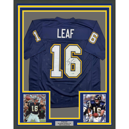 Framed Autographed/Signed Ryan Leaf 35x39 San Diego Dark Blue Football Jersey Beckett BAS COA