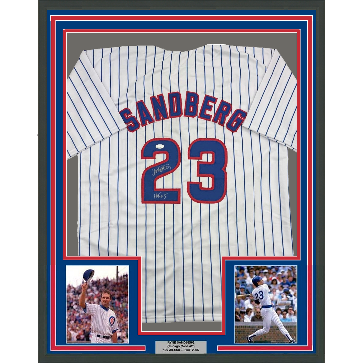 Framed Autographed/Signed Ryne Sandberg 35x39 HOF 05 Chicago White Pinstripe Baseball Jersey JSA COA