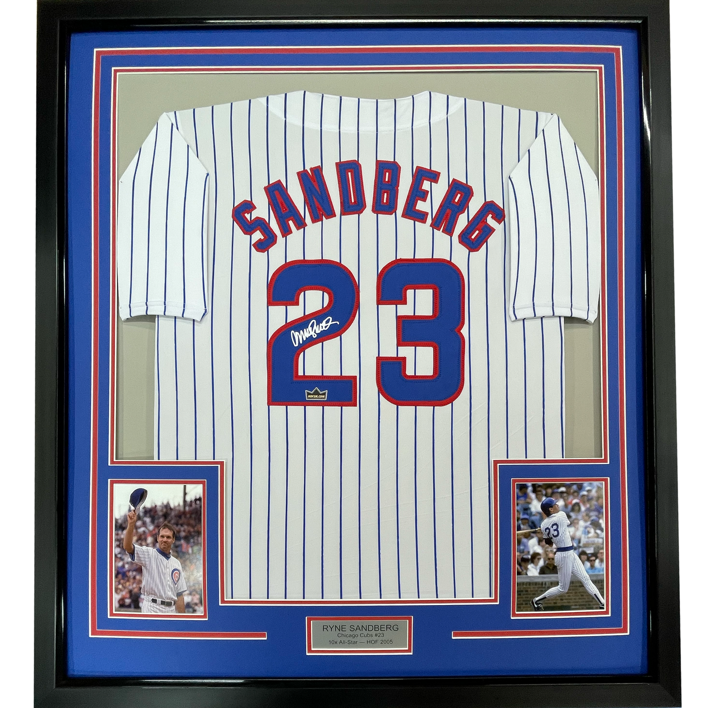 Framed Facsimile Autographed Ryne Sandberg 35x39 Chicago Pinstripe Reprint Laser Auto Baseball Jersey
