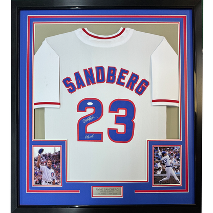 Framed Autographed/Signed Ryne Sandberg HOF 05 35x39 Chicago White Baseball Jersey JSA COA