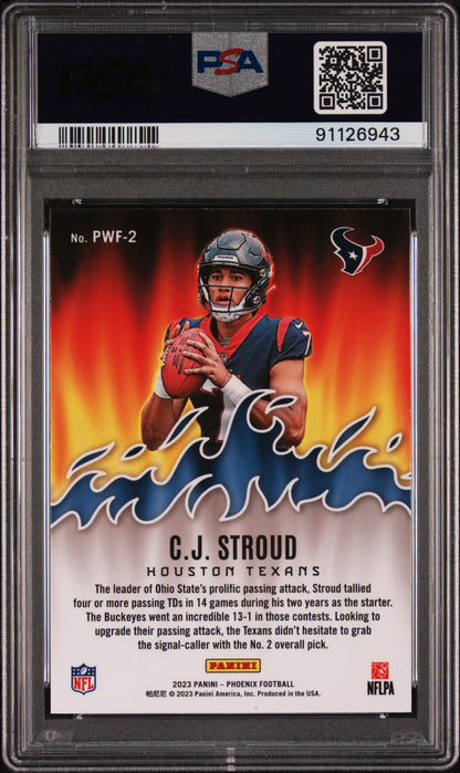 Graded 2023 Panini Phoenix CJ Stroud #PWF2 Playing With Fire Silver Seismic Rookie RC Football Card PSA 10 Gem Mint