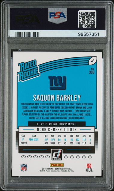 Graded 2018 Panini Donruss Bronze Press Proof Saquon Barkley #306 Rookie RC Football Card PSA 10 Gem Mint