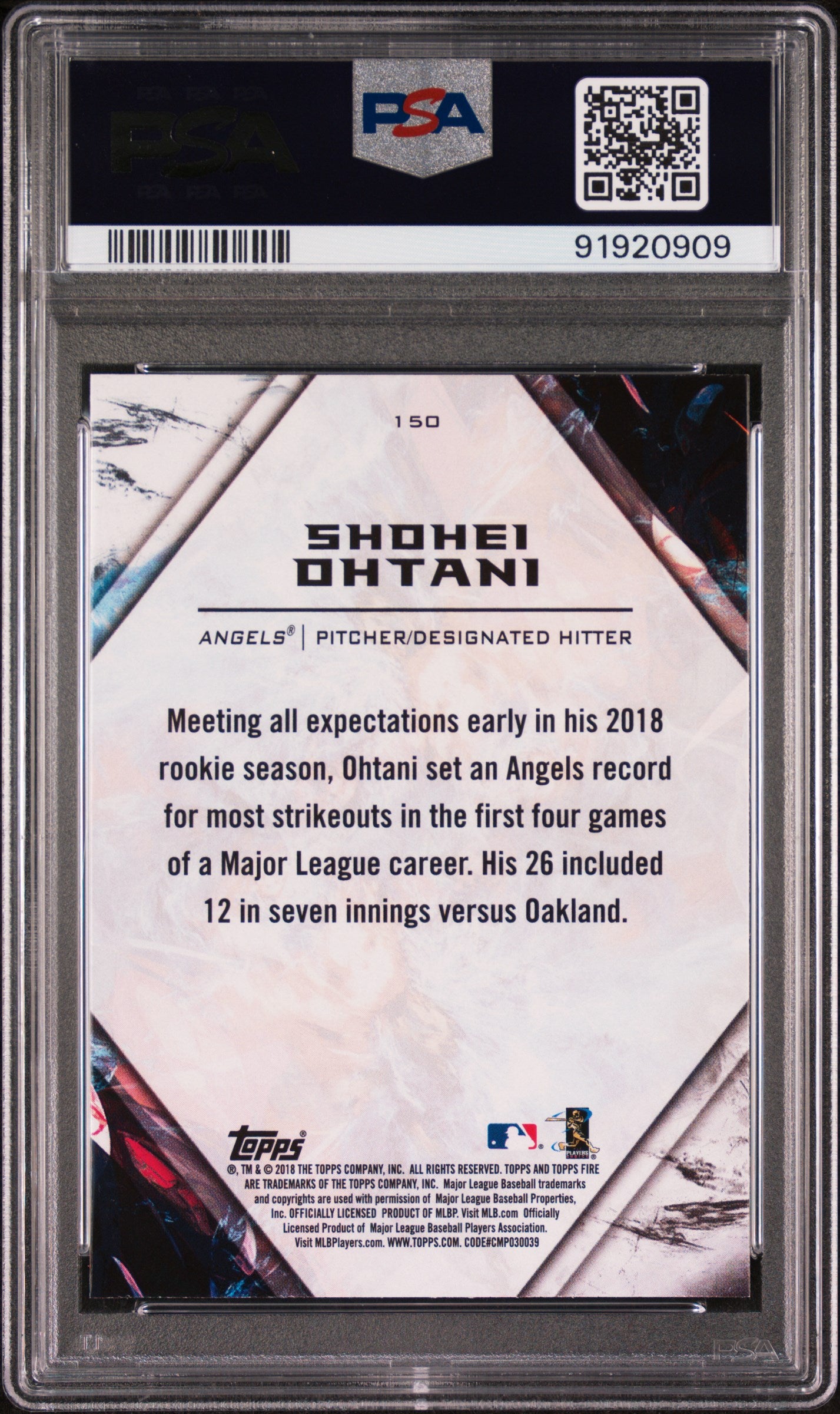 Graded 2018 Topps Fire Shohei Ohtani #150 Rookie RC Baseball Card PSA 10 Gem Mint