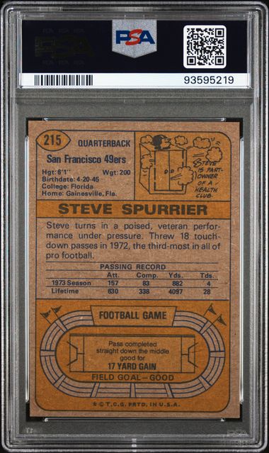 Graded 1974 Topps Steve Spurrier #215 Football Card PSA 5 Excellent