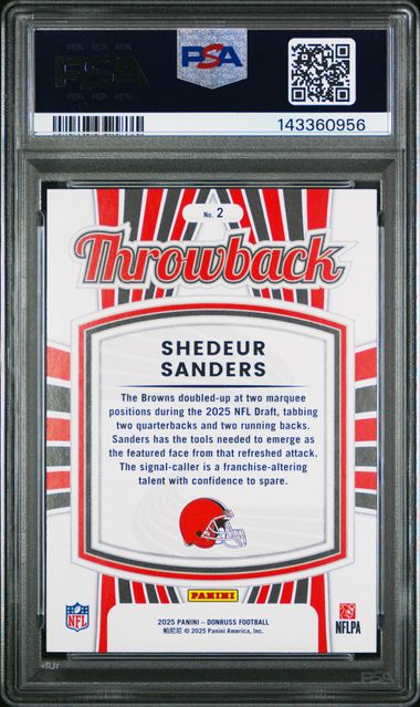 Graded 2025 Panini Donruss Shedeur Sanders #2 Rated Rookies Throwback Rookie RC Football Card PSA 10 Gem Mint
