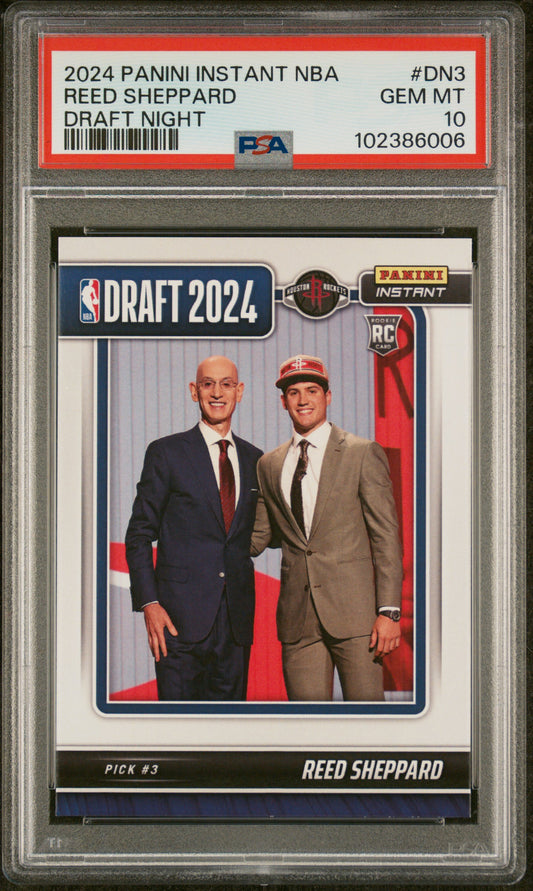 Graded 2024 Panini Instant NBA Reed Sheppard #DN3 Draft Night Rookie RC Basketball Card PSA 10 Gem Mint