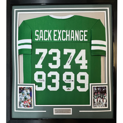 Framed Facsimile Autographed Sack Exchange 35x39 New York Green Reprint Laser Auto Football Jersey