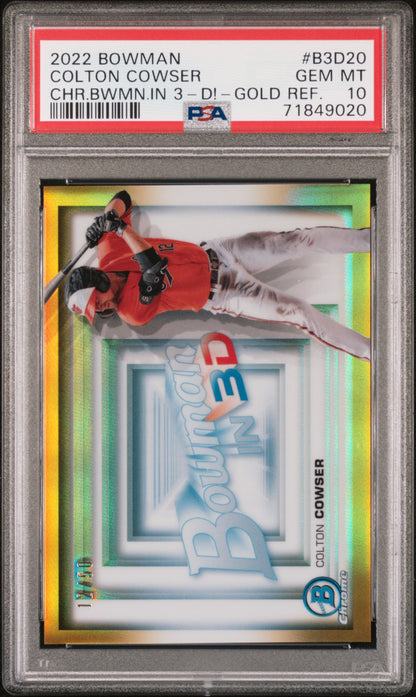Graded 2022 Topps Bowman Colton Cowser #B3D20 Chrome Bowman In 3D Gold Refractor /50 Rookie RC Baseball Card PSA 10 Gem Mint