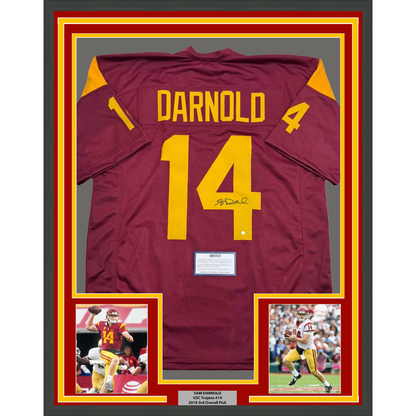 Framed Autographed/Signed Sam Darnold 35x39 USC Southen Cal Maroon College Football Jersey Steiner COA