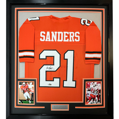 Framed Facsimile Autographed Barry Sanders 35x39 Oklahoma State Orange Reprint Laser Auto College Football Jersey