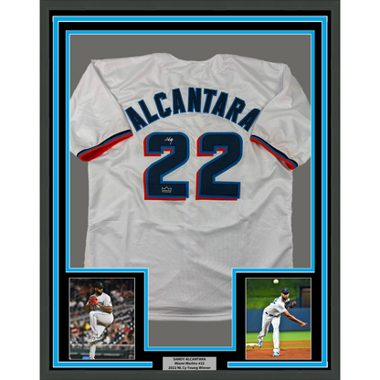 Framed Facsimile Autographed Sandy Alcantara 35x39 Miami White Reprint Laser Auto Baseball Jersey