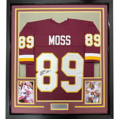 Framed Autographed/Signed Santana Moss 35x39 Washington Burgundy Football Jersey JSA COA
