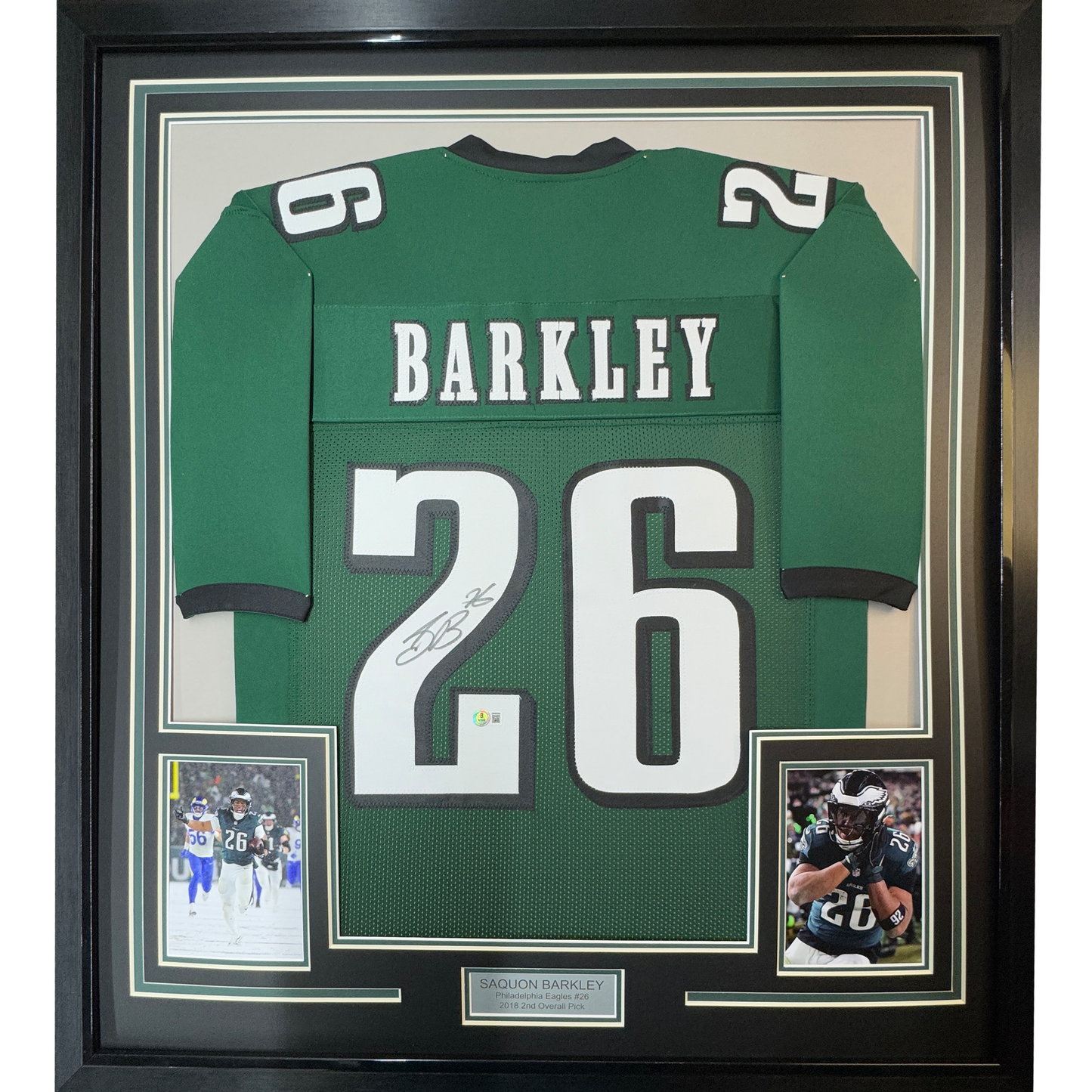 Framed Autographed/Signed Saquon Barkley 35x39 Philadelphia Midnight Green Football Jersey Beckett BAS COA