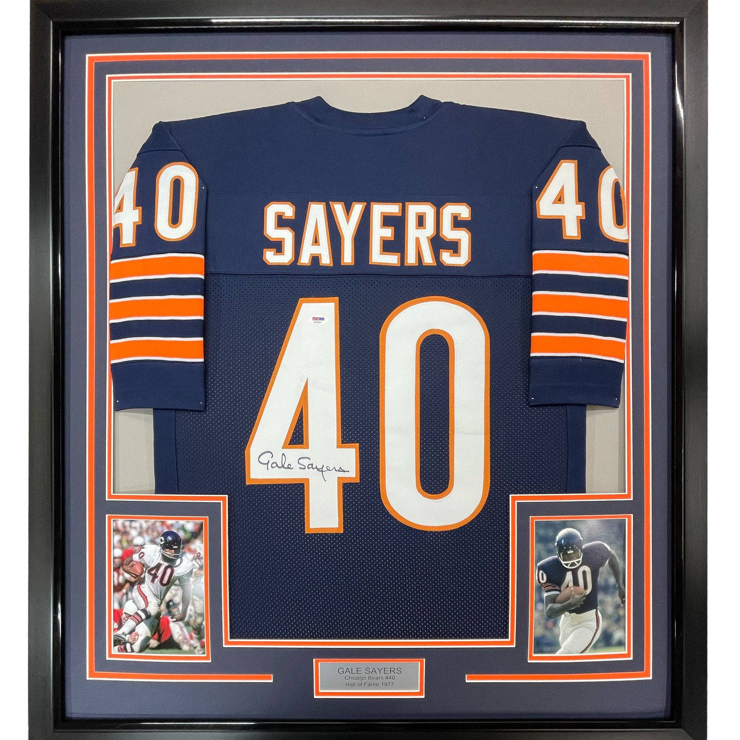 Framed Autographed/Signed Gale Sayers 35x39 Chicago Blue Football Jersey PSA/DNA COA