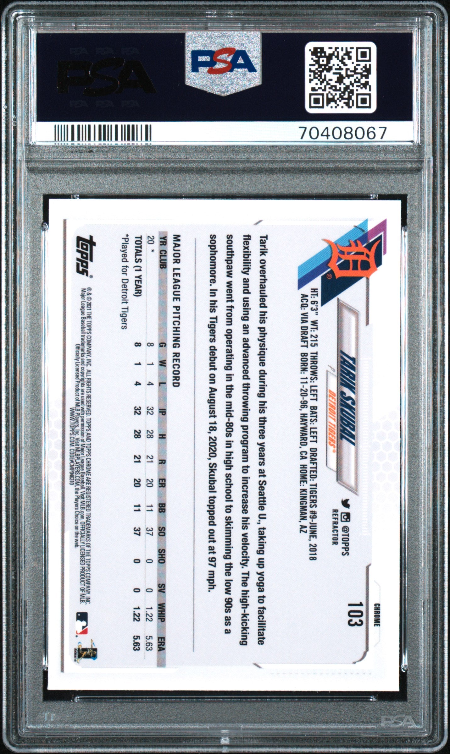 Graded 2021 Topps Chrome Tarik Skubal #103 Refractor Rookie RC Baseball Card PSA 10 Gem Mint