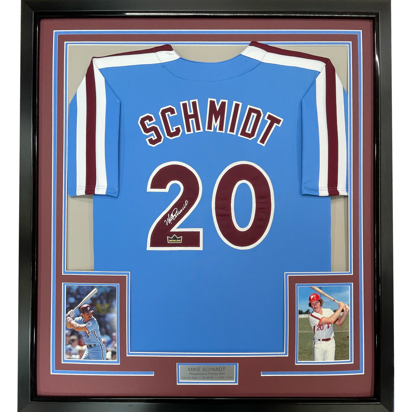 Framed Facsimile Autographed Mike Schmidt 35x39 Philadelphia Blue Retro Reprint Laser Auto Baseball Jersey