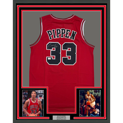 Framed Autographed/Signed Scottie Pippen 35x39 Chicago Red Basketball Jersey Beckett BSA COA