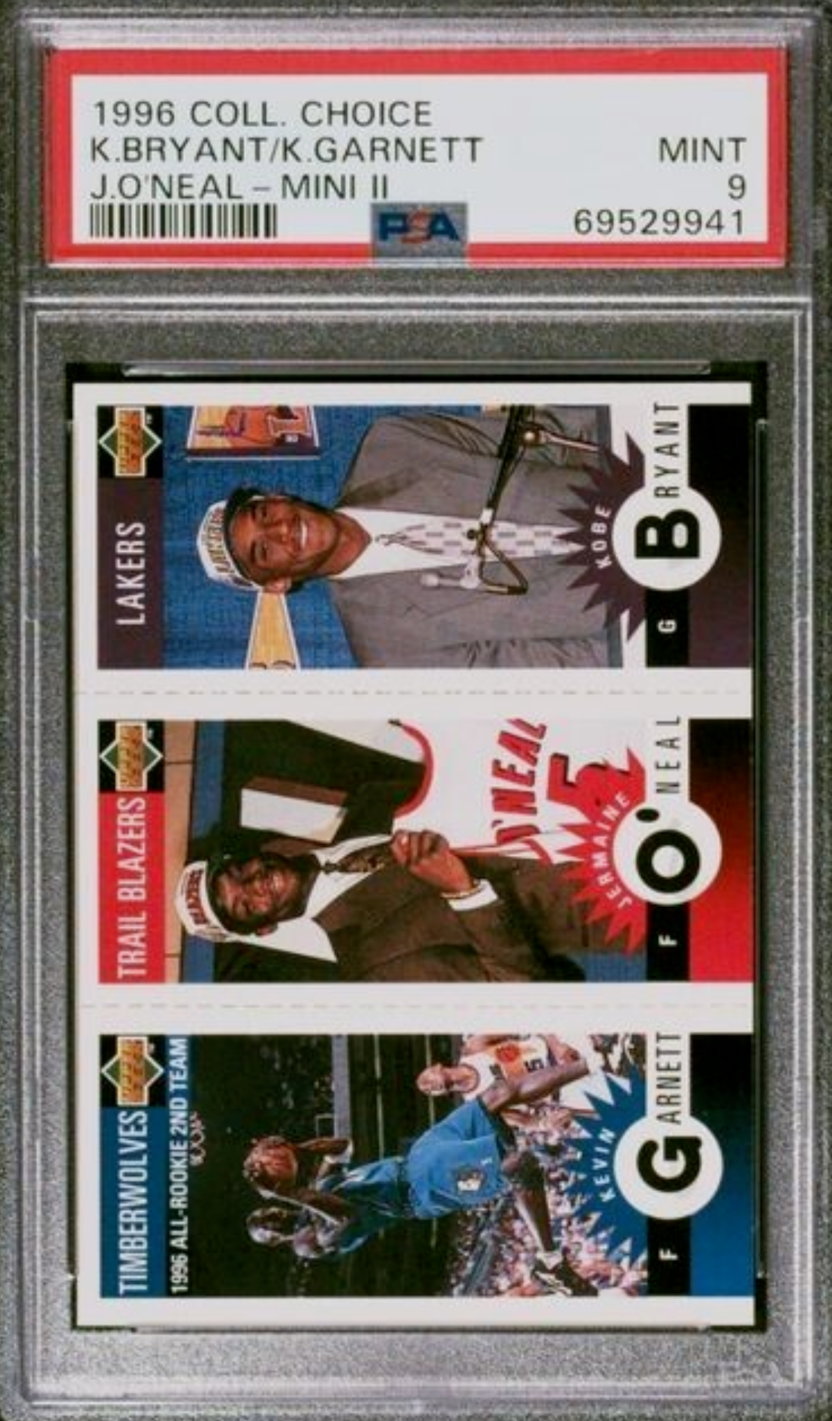 Graded 1996 Upper Deck Collectors Choice Kobe Bryant/Kevin Garnett/Jermaine O'Neal Mini Basketball Card PSA 9 Mint
