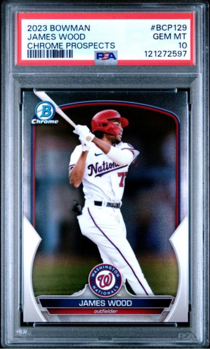 Graded 2023 Topps Bowman James Wood #BCP129 Chrome Prospects Rookie RC Baseball Card PSA 10 Gem Mint