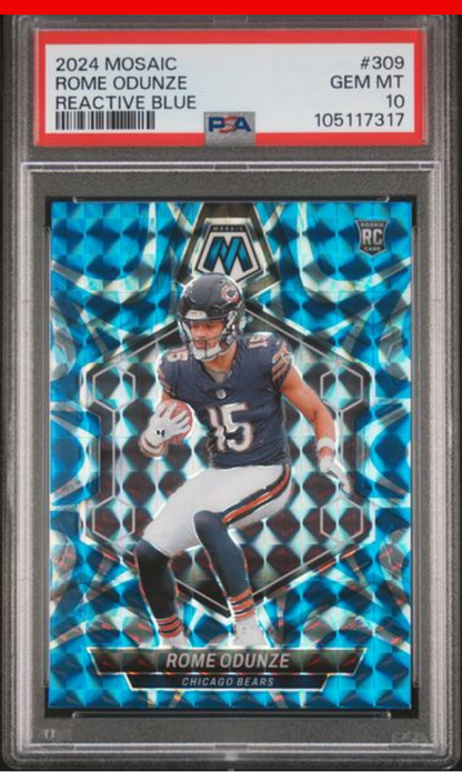 Graded 2024 Panini Mosaic Rome Odunze #309 Reactive Blue Rookie RC Football Card PSA 10 Gem Mint