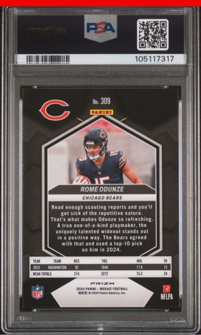 Graded 2024 Panini Mosaic Rome Odunze #309 Reactive Blue Rookie RC Football Card PSA 10 Gem Mint