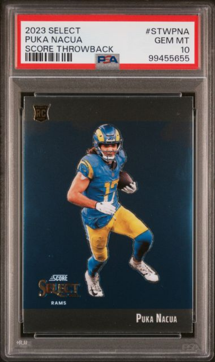 Graded 2023 Panini Select Puka Nacua #STWPNA Score Throwback Rookie RC Football Card PSA 10 Gem Mint