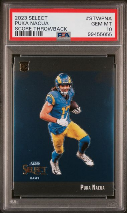 Graded 2023 Panini Select Puka Nacua #STWPNA Score Throwback Rookie RC Football Card PSA 10 Gem Mint