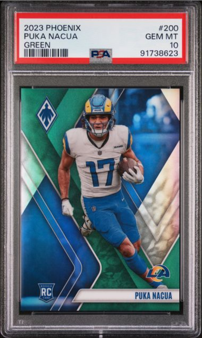 Graded 2023 Panini Phoenix Puka Nacua #200 Green /25 Rookie RC Football Card PSA 10 Gem Mint