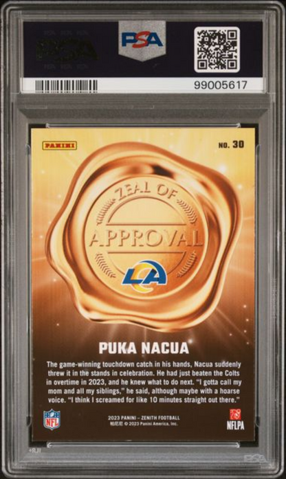 Graded 2023 Panini Zenith Puka Nacua #30 Zeal of Approval Rookie RC Football Card PSA 10 Gem Mint