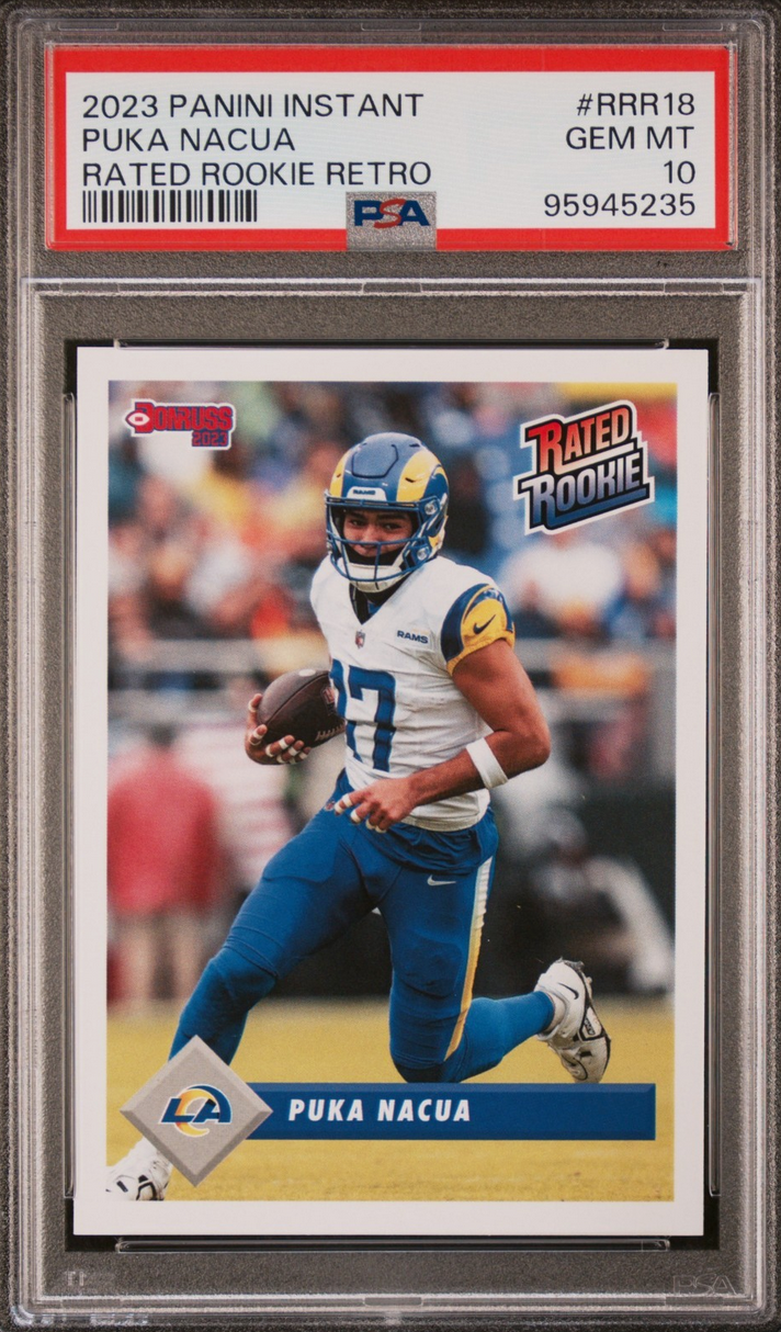 Graded 2023 Panini Instant Puka Nacua #RRR18 Rated Rookie Retro /629 Rookie RC Football Card PSA 10 Gem Mint