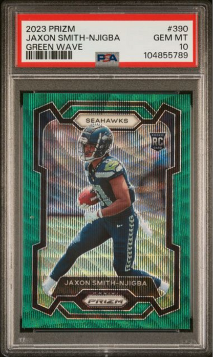 Graded 2023 Panini Prizm Jaxon Smith-Njigba #390 Green Wave Rookie RC Football Card PSA 10 Gem Mint