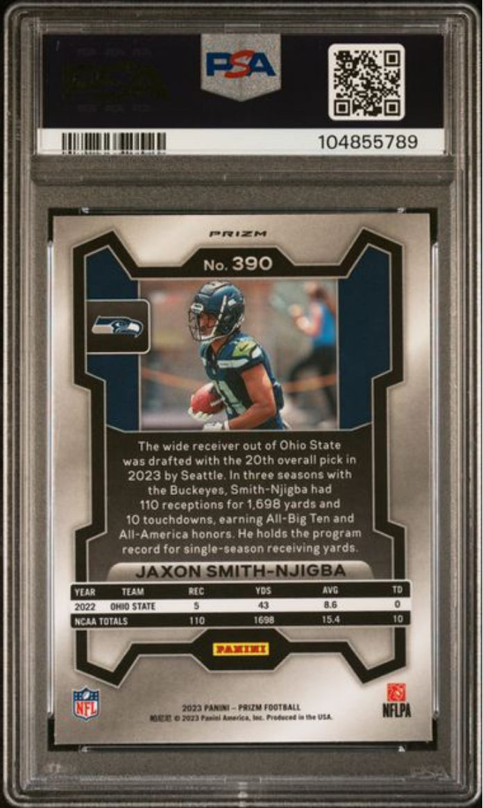 Graded 2023 Panini Prizm Jaxon Smith-Njigba #390 Green Wave Rookie RC Football Card PSA 10 Gem Mint