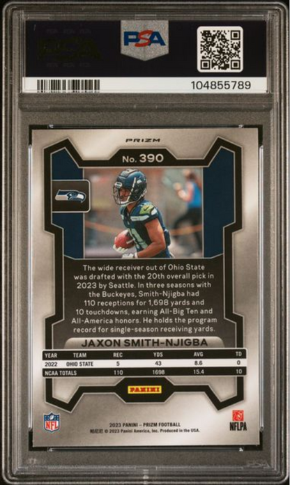 Graded 2023 Panini Prizm Jaxon Smith-Njigba #390 Green Wave Rookie RC Football Card PSA 10 Gem Mint