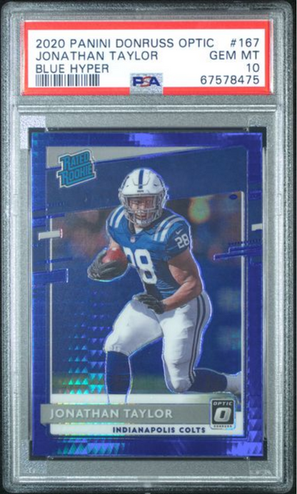 Graded 2020 Panini Donruss Optic Jonathan Taylor #167 Blue Hyper Rookie RC Football Card PSA 10 Gem Mint