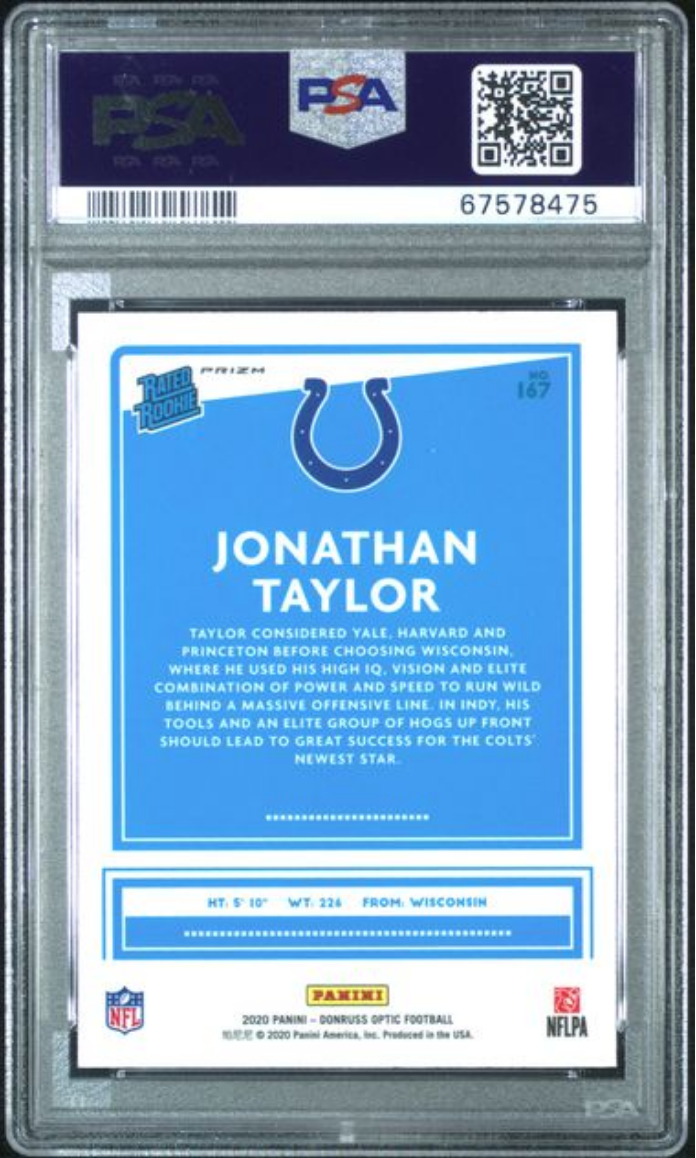 Graded 2020 Panini Donruss Optic Jonathan Taylor #167 Blue Hyper Rookie RC Football Card PSA 10 Gem Mint