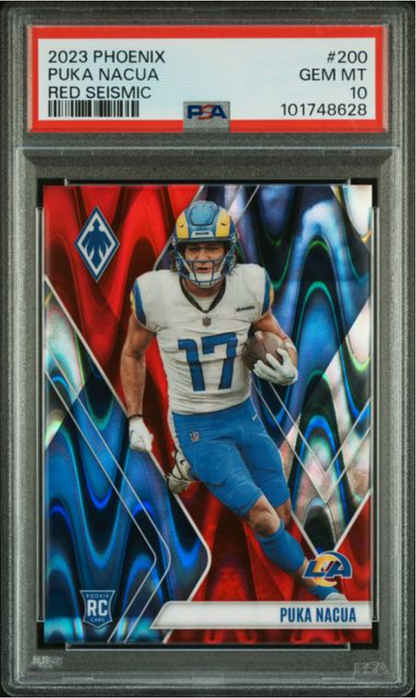 Graded 2023 Panini Phoenix Puka Nacua #200 Red Seismic /199 Rookie RC Football Card PSA 10 Gem Mint