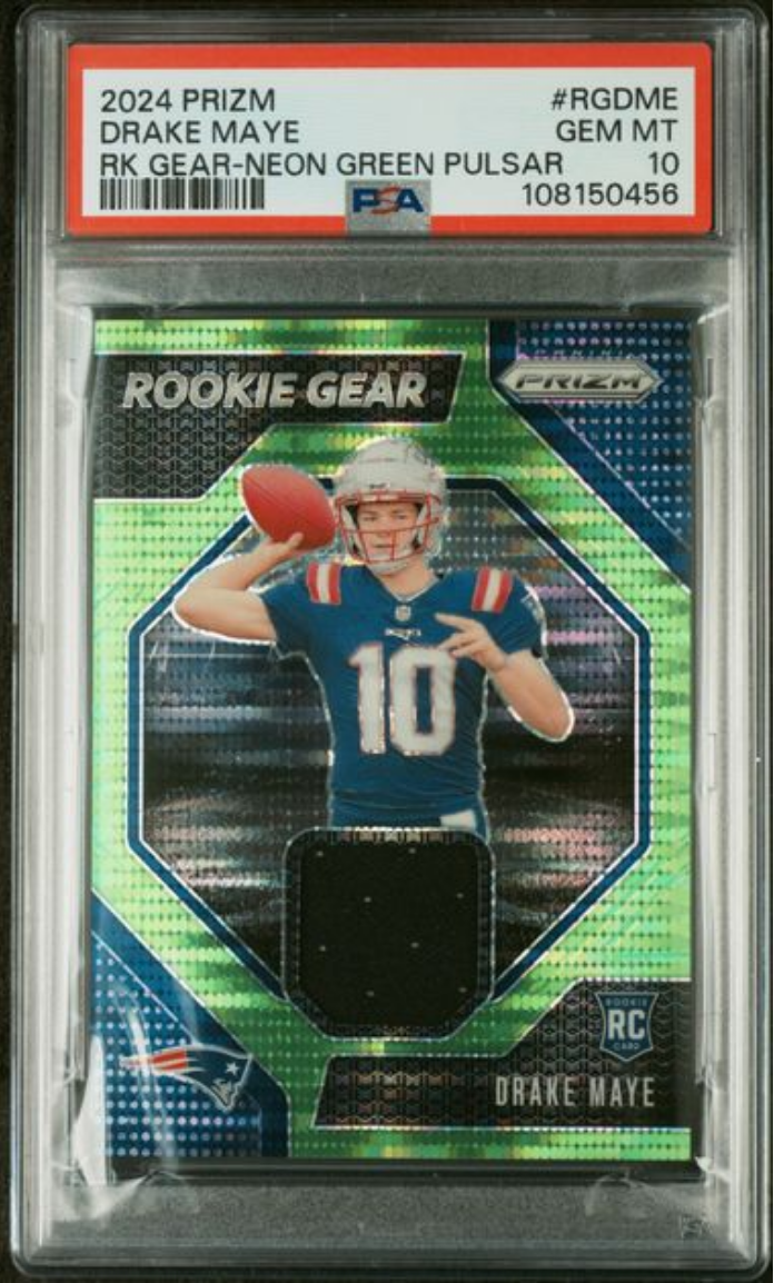 Graded 2024 Panini Prizm Drake Maye #RGDME Rookie Gear Neon Green Pulsar Rookie RC Football Card PSA 10 Gem Mint