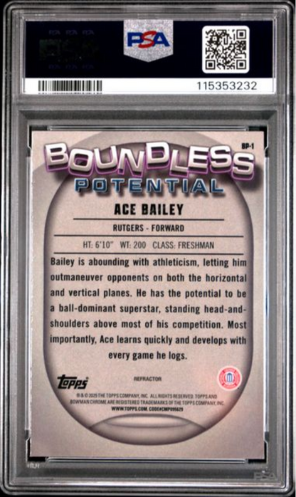 Graded 2024 Topps Bowman Chrome U Ace Bailey #BP1 Boundless Potential Refractor Rookie RC Basketball Card PSA 10 Gem Mint