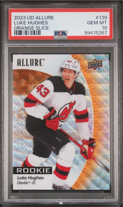 Graded 2023 Upper Deck Allure Luke Hughes #139 Orange Slice Rookie RC Hockey Card PSA 10 Gem Mint