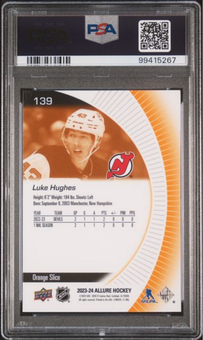 Graded 2023 Upper Deck Allure Luke Hughes #139 Orange Slice Rookie RC Hockey Card PSA 10 Gem Mint