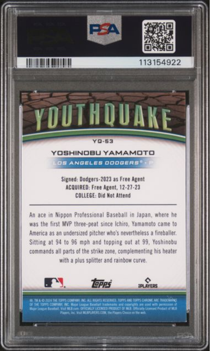 Graded 2024 Topps Chrome Yoshinobu Yamamoto #YQ53 Youthquake Rookie RC Baseball Card PSA 10 Gem Mint