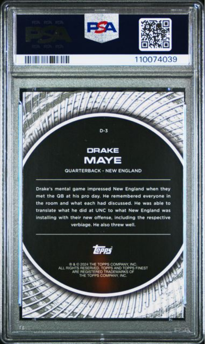 Graded 2024 Topps Finest Drake Maye #D3 Debut Checkerboard Rookie RC Football Card PSA 10 Gem Mint