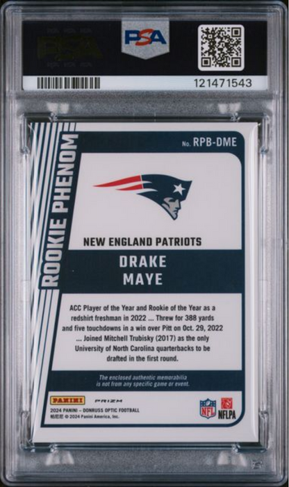 Graded 2024 Panini Donruss Optic Drake Maye #RPBDME Rookie Phenoms Relic Rookie RC Football Card PSA 10 Gem Mint